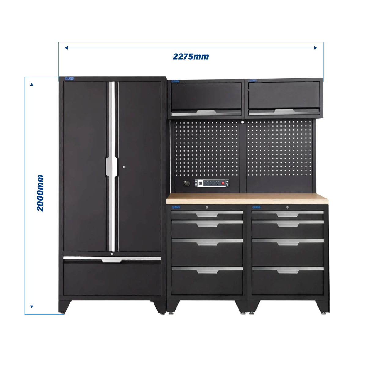 SGS 7pc Modular Garage Storage | 8 Drawers | Plywood Worktop | 2x Upper Cabinets | Tall Double Cabinet with Drawer | Pegboard with Power Strip